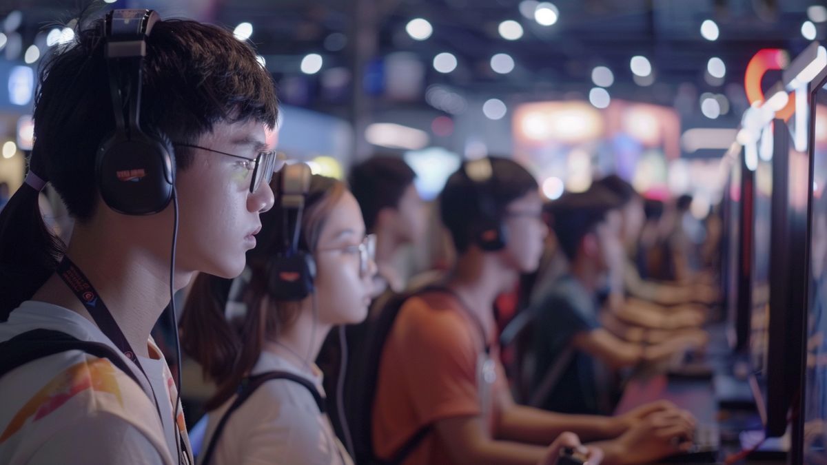 Young Chinese gamers eagerly lining up to try out new video games.