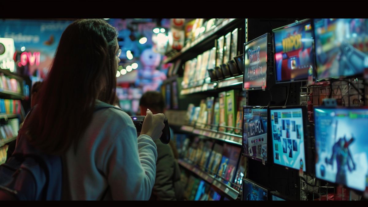 Customers browsing the gaming section in a competitive retail store