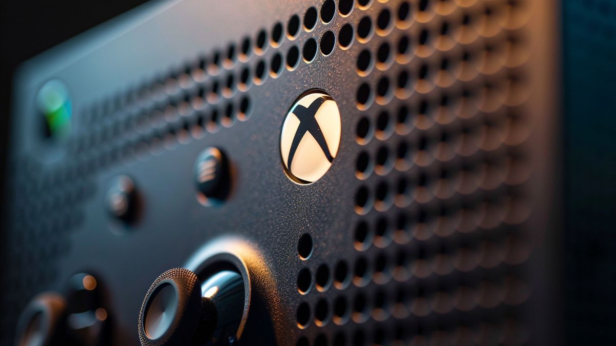Closeup of Microsoft Xbox game pass logo on a gaming console