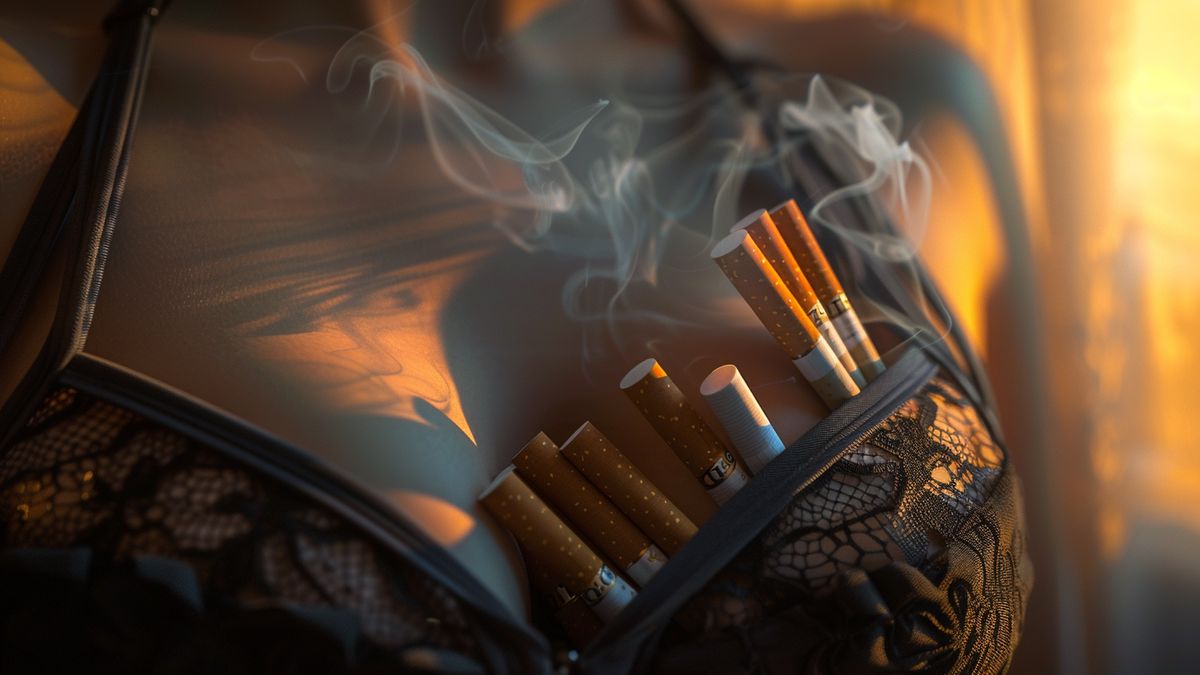 Closeup of a bra with hidden compartments holding cigarette cartons