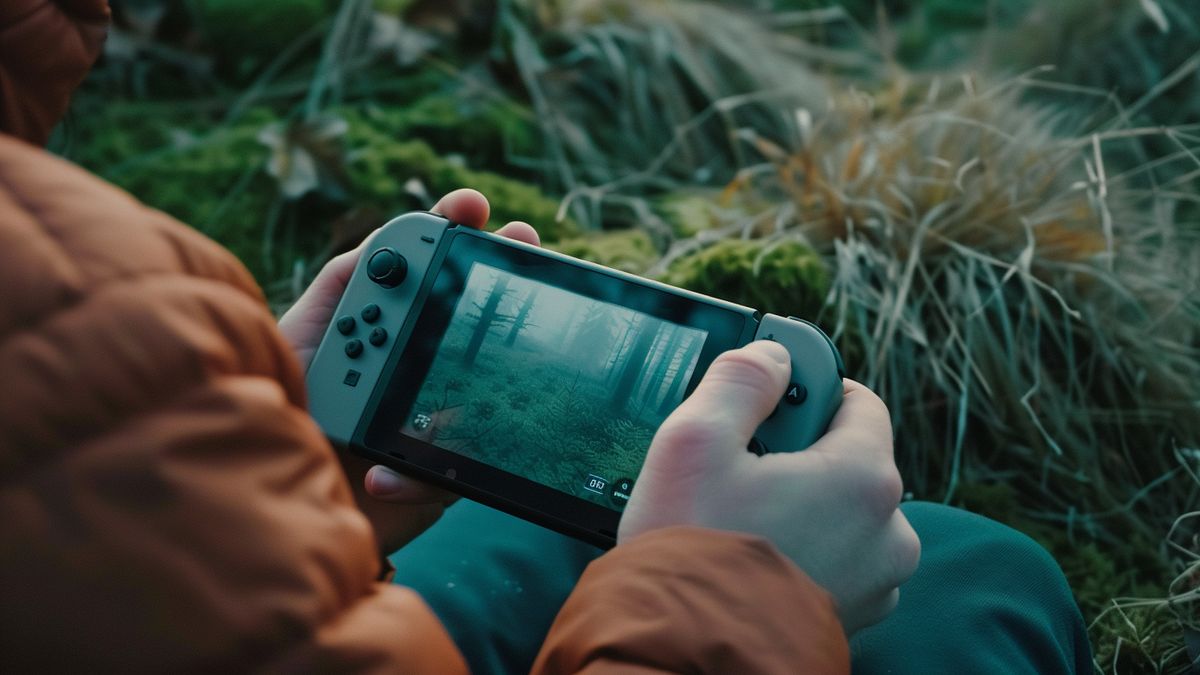 Closeup of a person playing Nintendo Switch in handheld mode