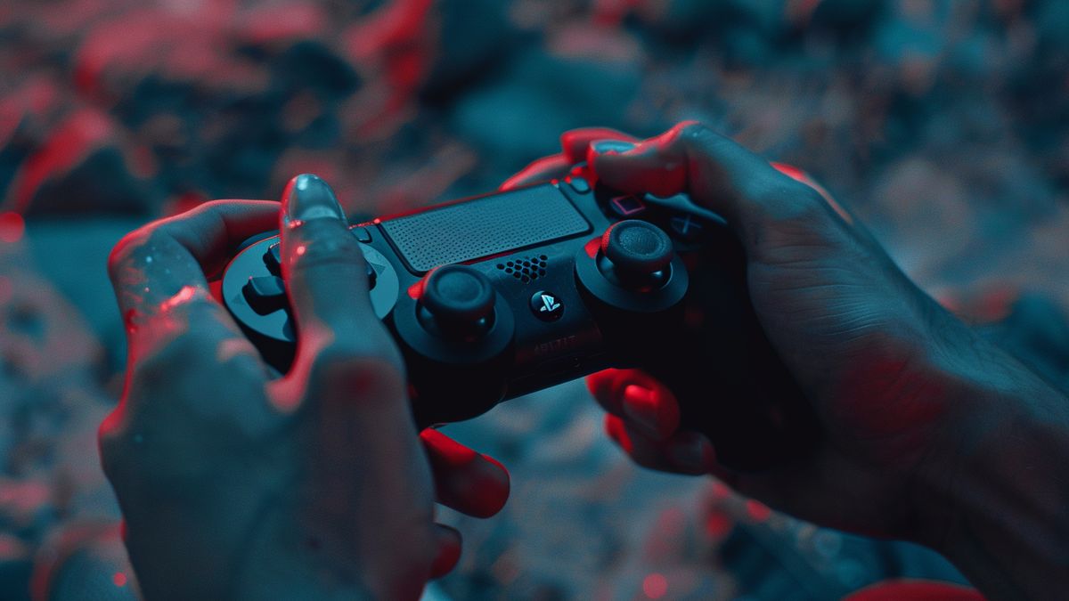 FPS 게임에서 정확한 움직임을 위해 플레이어의 손이 비대칭 컨트롤러를 쥐고 있습니다.
