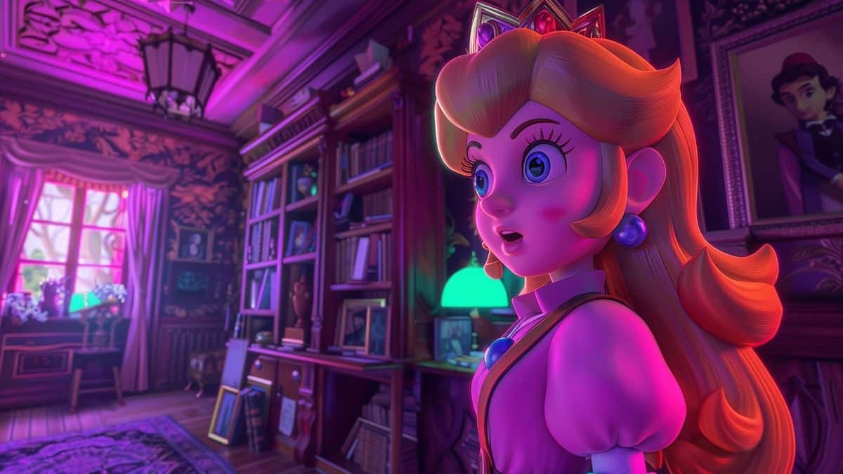 La principessa Peach nei panni di una detective, che esplora una stanza misteriosa a Londra.