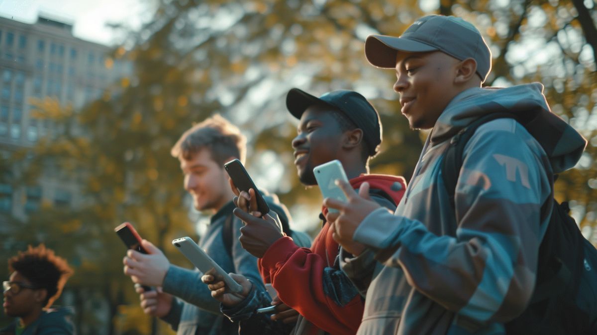 Un gruppo di amici riuniti, con gli smartphone in mano, catturano con entusiasmo i Pokémon insieme in un parco cittadino.