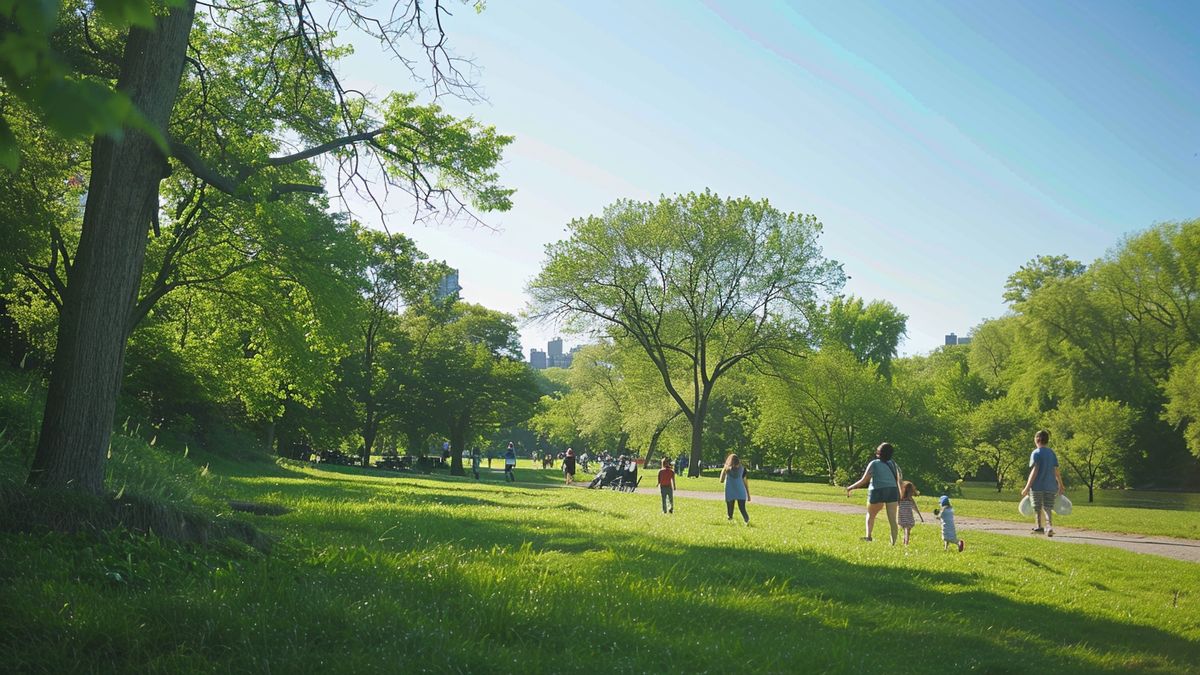 Families stroll through lush green fields, enjoying Randall’s Island Park’s vibrant nature and open spaces.
