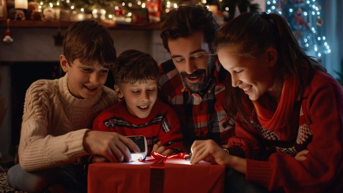 Una famiglia che scarta una nuovissima console PS la mattina di Natale