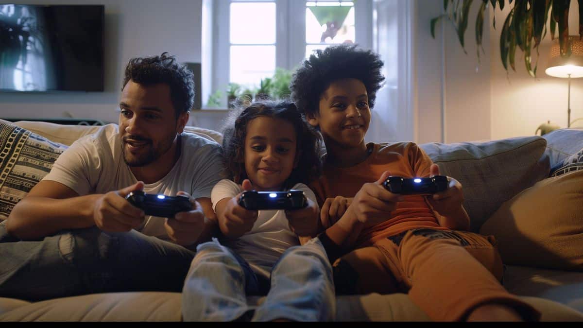 View of a family playing with a nextgen video game console
