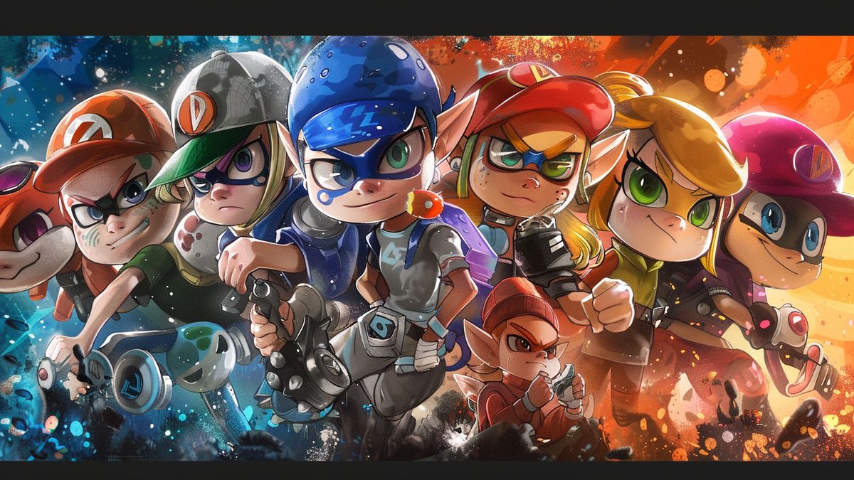 A fanmade poster featuring iconic characters from Splatoon series and Switch