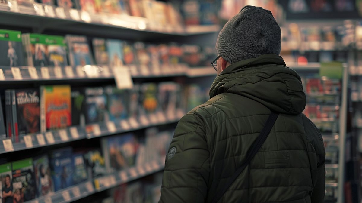 Primer plano de una persona explorando juegos de Xbox con descuento en una tienda antes del cierre.