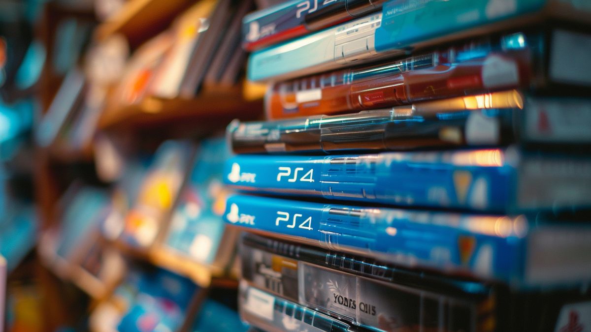 Top view of a stack of PlayStation game cases on a shelf