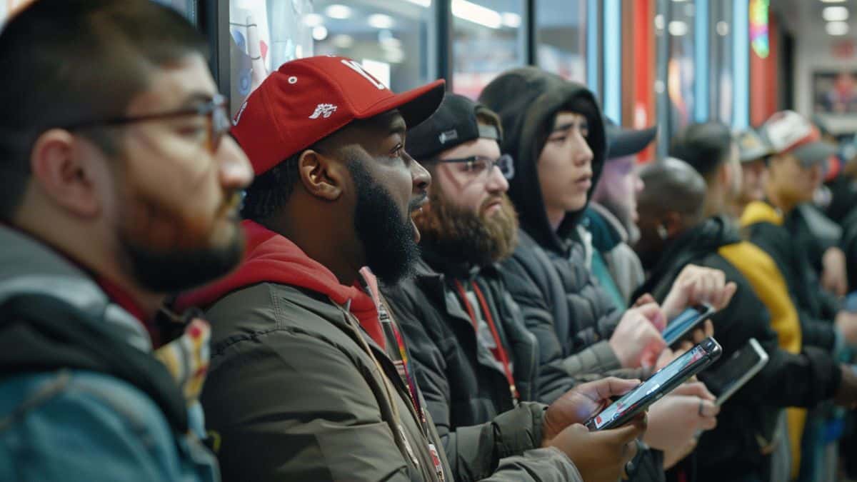 Excited gamers waiting in line for the release of a new Switch title.