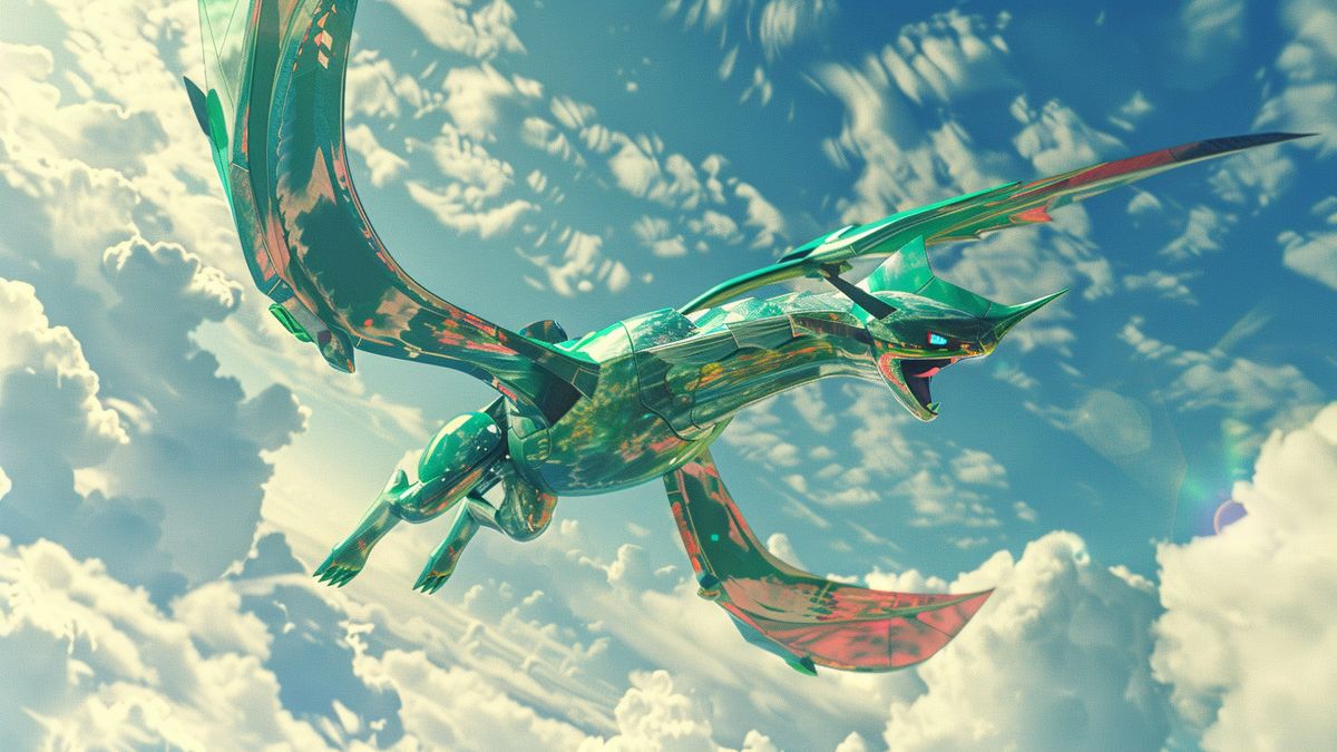 A rare encounter with a shiny Rayquaza soaring through the sky