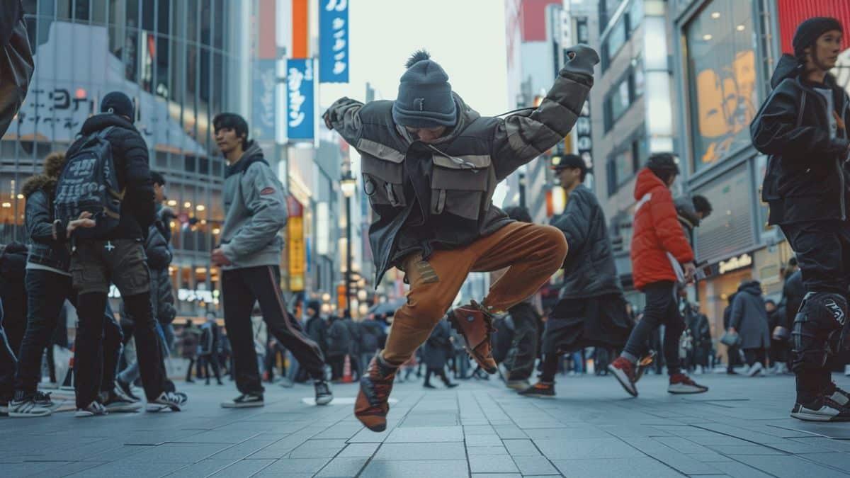 Breakdancers performing jawdropping moves on the streets of Tokyo.