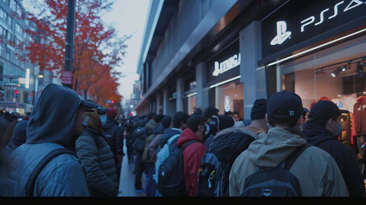 Crowds of gamers lining up outside a PlayStation store to preorder games.