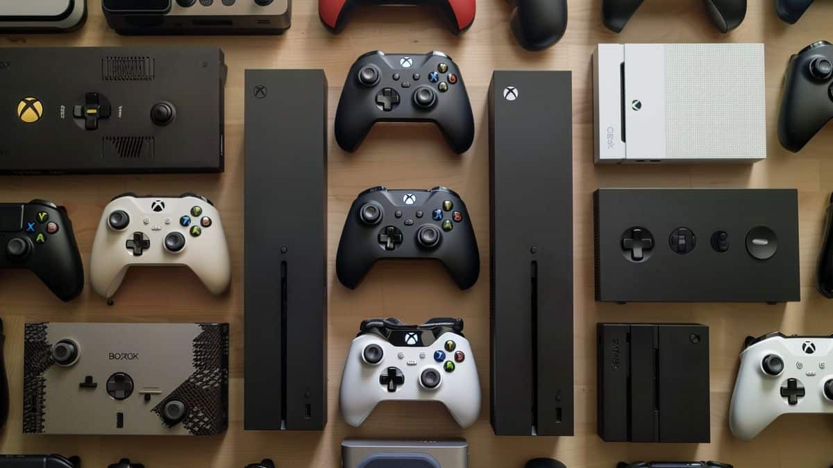 Top view of Xbox consoles lined up, showcasing variety and options.