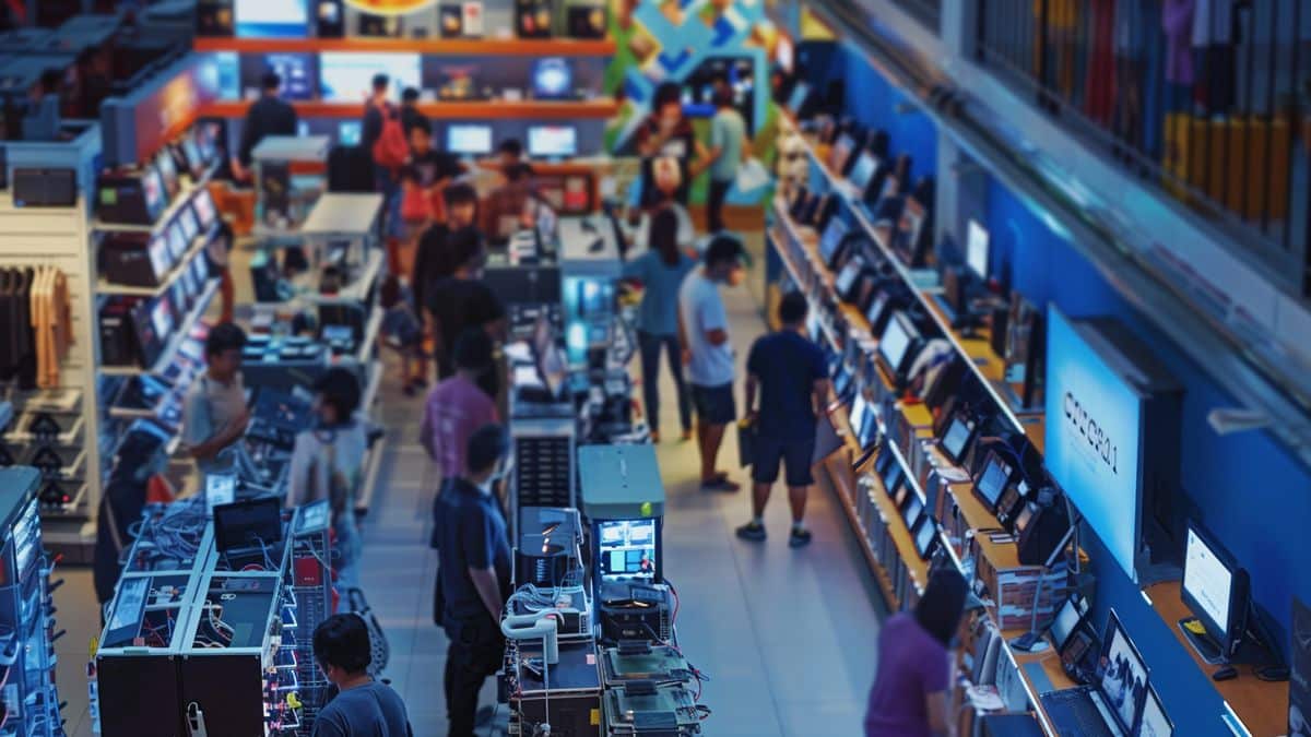 A crowded electronics store with customers discussing  technology.