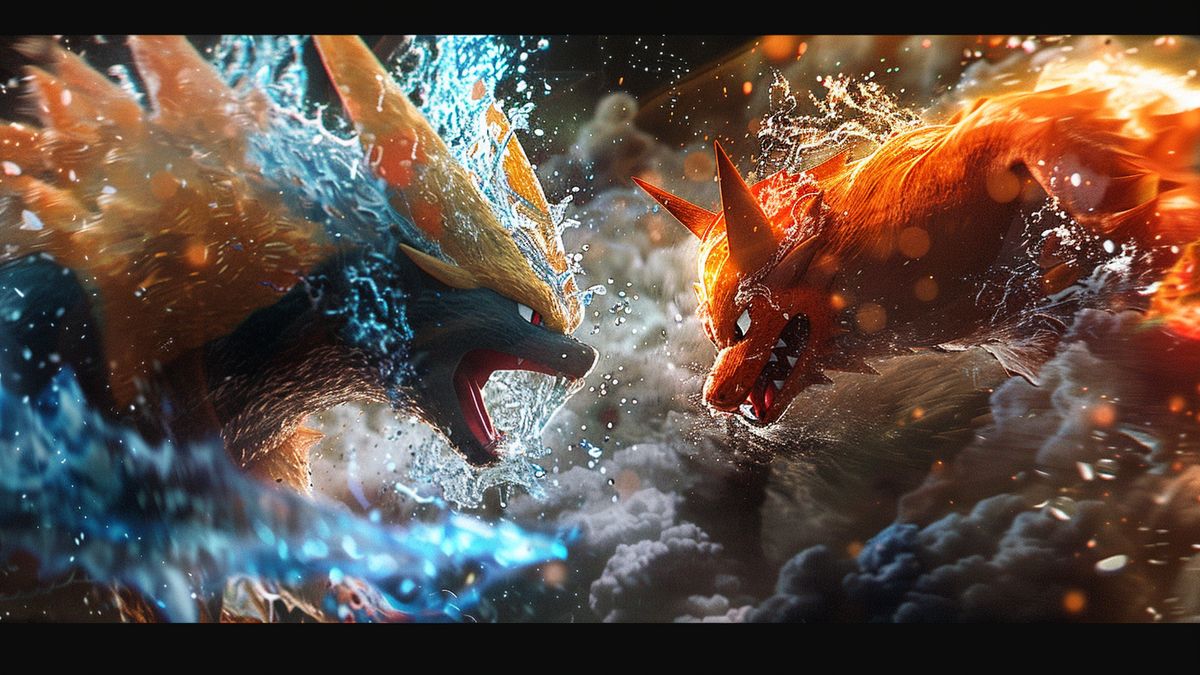 Typhlosion facing off against a Watertype Pokemon in a heated duel