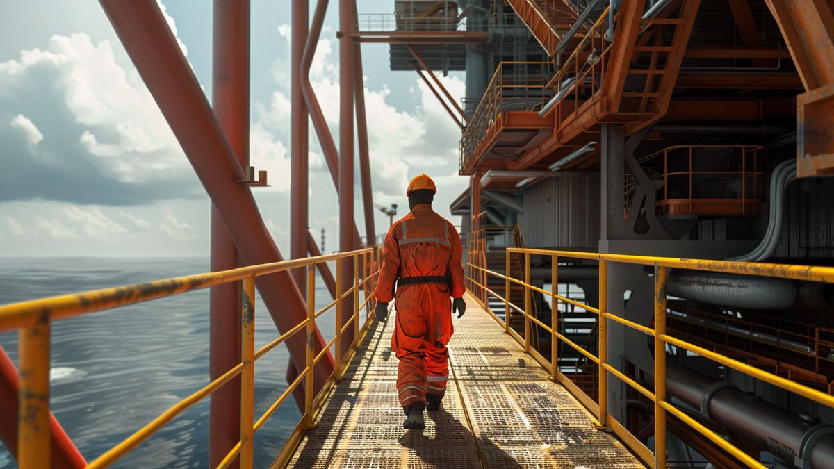 Firstperson view of a worker on an offshore oil platform.