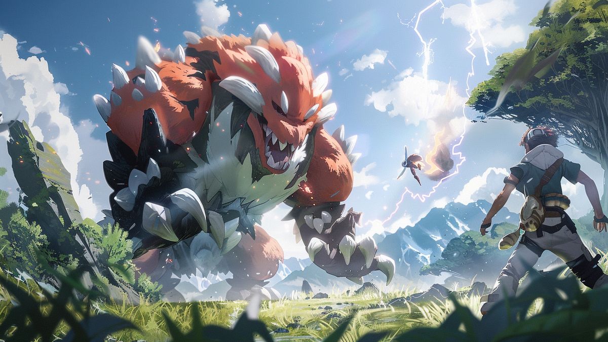 Intense battle scene between trainers and Landorus showcasing different strategies