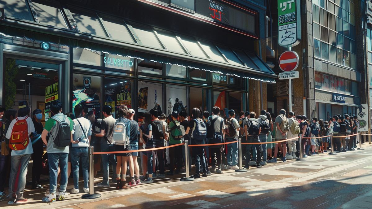 Excited fans queuing outside a game store to buy Metroid Dread