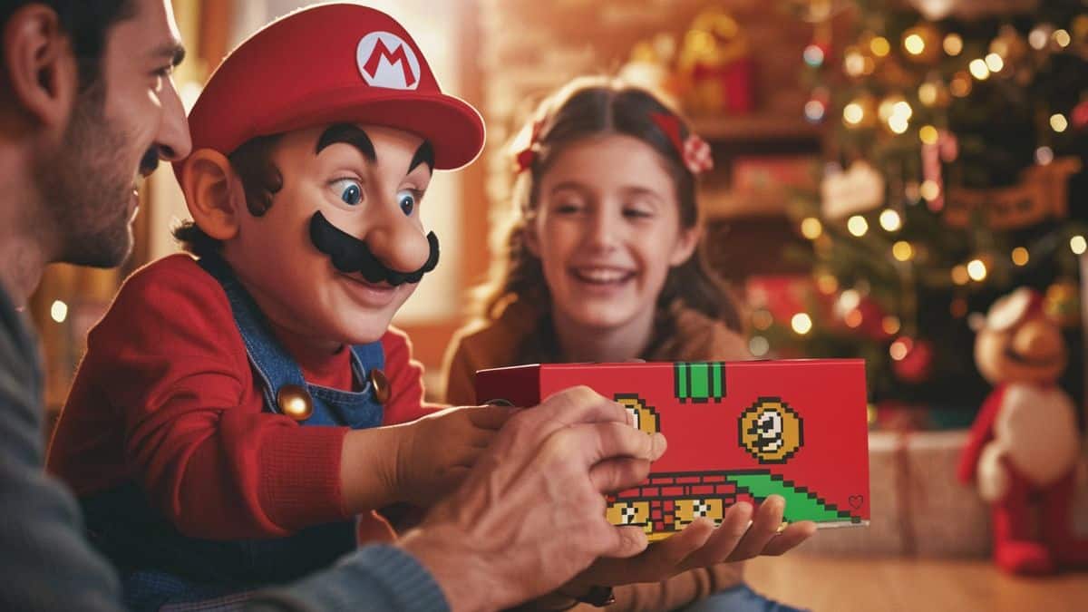 Famiglia felice durante l'unboxing di Super Mario Bros. Pacchetto giochi Wonder la mattina di Natale