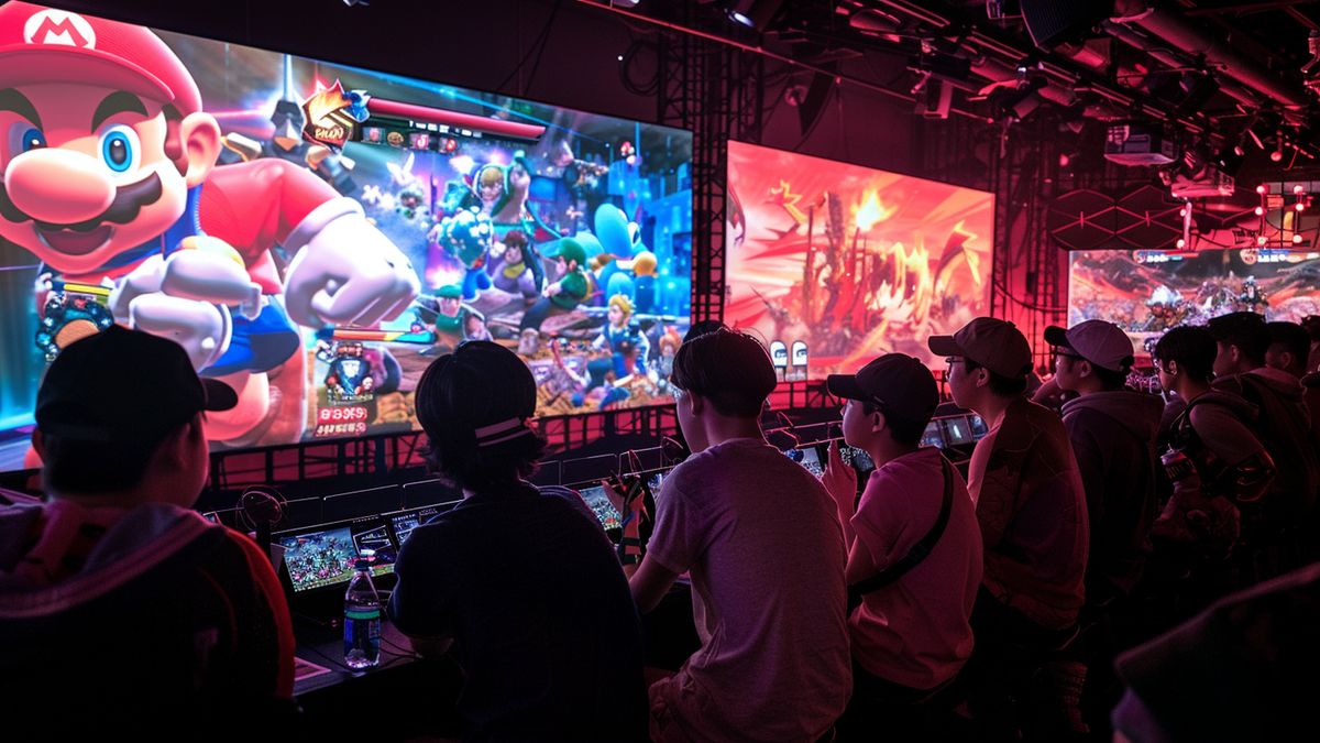 Exciting gameplay footage of Super Smash Bros. Ultimate tournament in Tokyo.