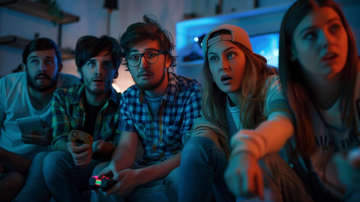 A group of gamers looking puzzled while trying to share gameplay.