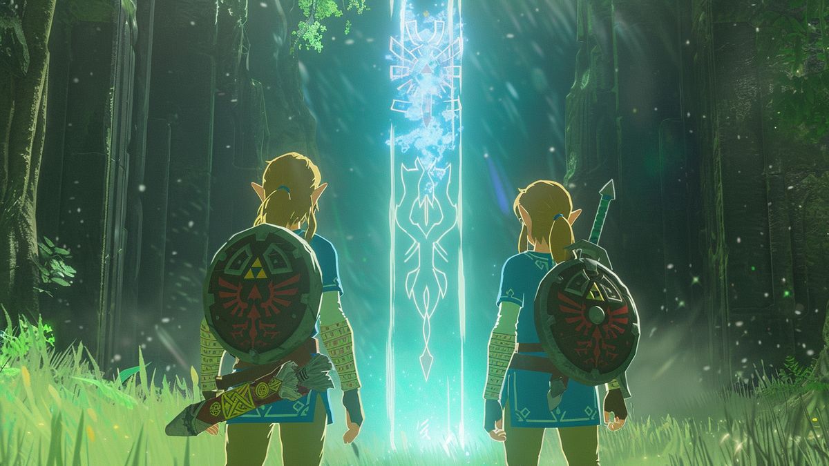 Zelda and Tri facing a mysterious portal leading to another dimension