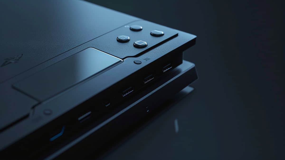 Closeup of a sleek PlayStation Slim console with innovative features.