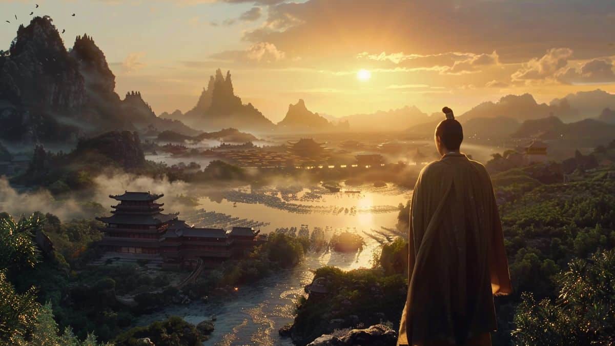 Young hero exploring ancient Chinese landscapes during the Five Dynasties and Ten Kingdoms.