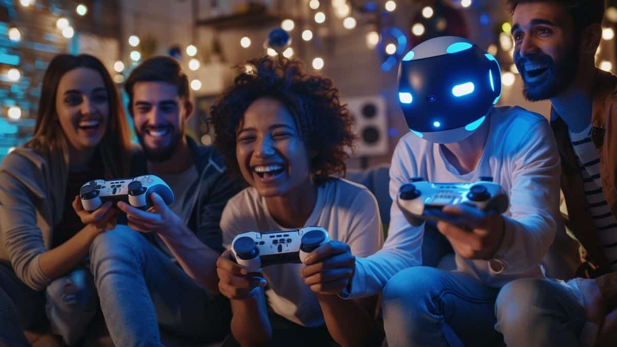 Emocionado grupo de amigos jugando Astro Bot en PlayStation 5