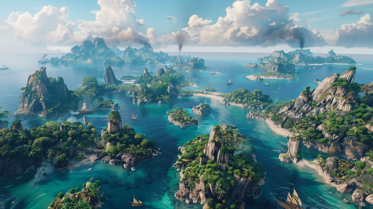 Wide shot of an open world filled with newly imagined islands