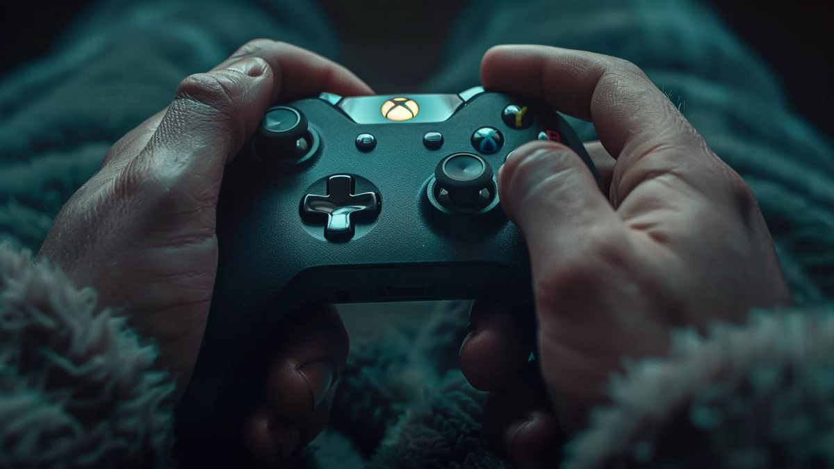 Closeup of a gamer's hands earning Microsoft Rewards points on Xbox