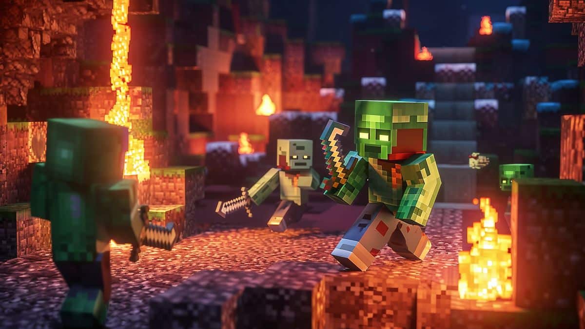 Detailed shot of characters mining for resources and crafting tools in Minecraft