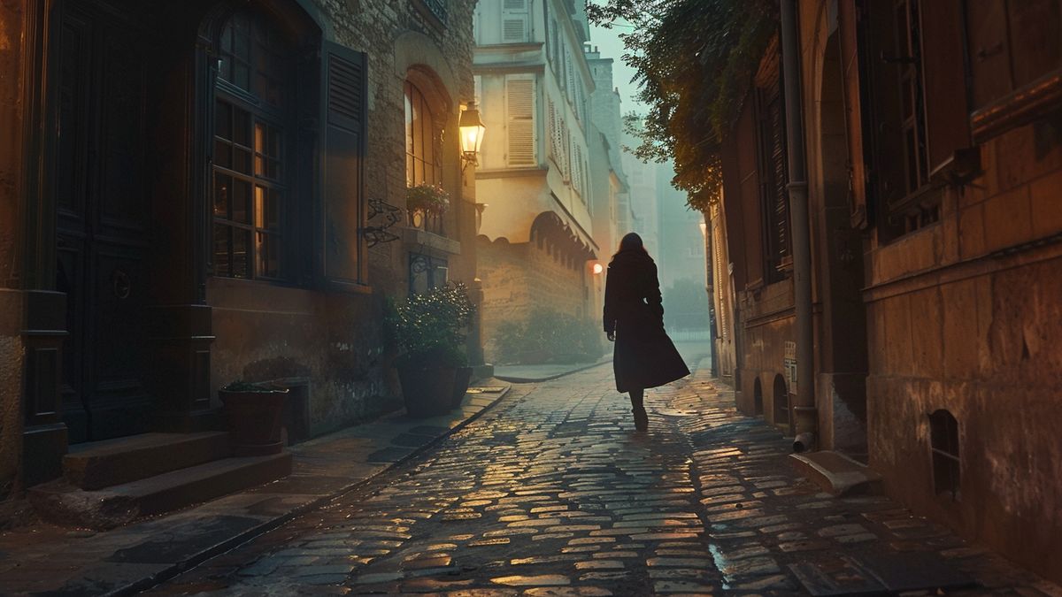 Anna discovering a hidden laboratory in an old, cobblestone alleyway in Paris.