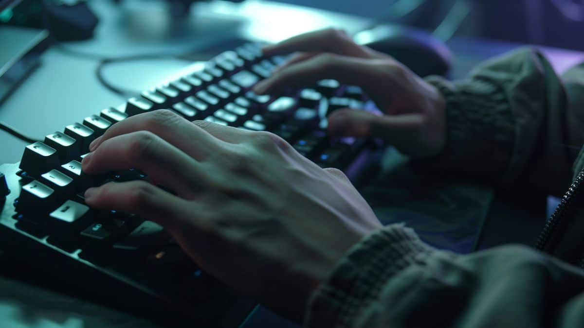 Closeup of a player's hands on a keyboard and mouse, focused and intense.