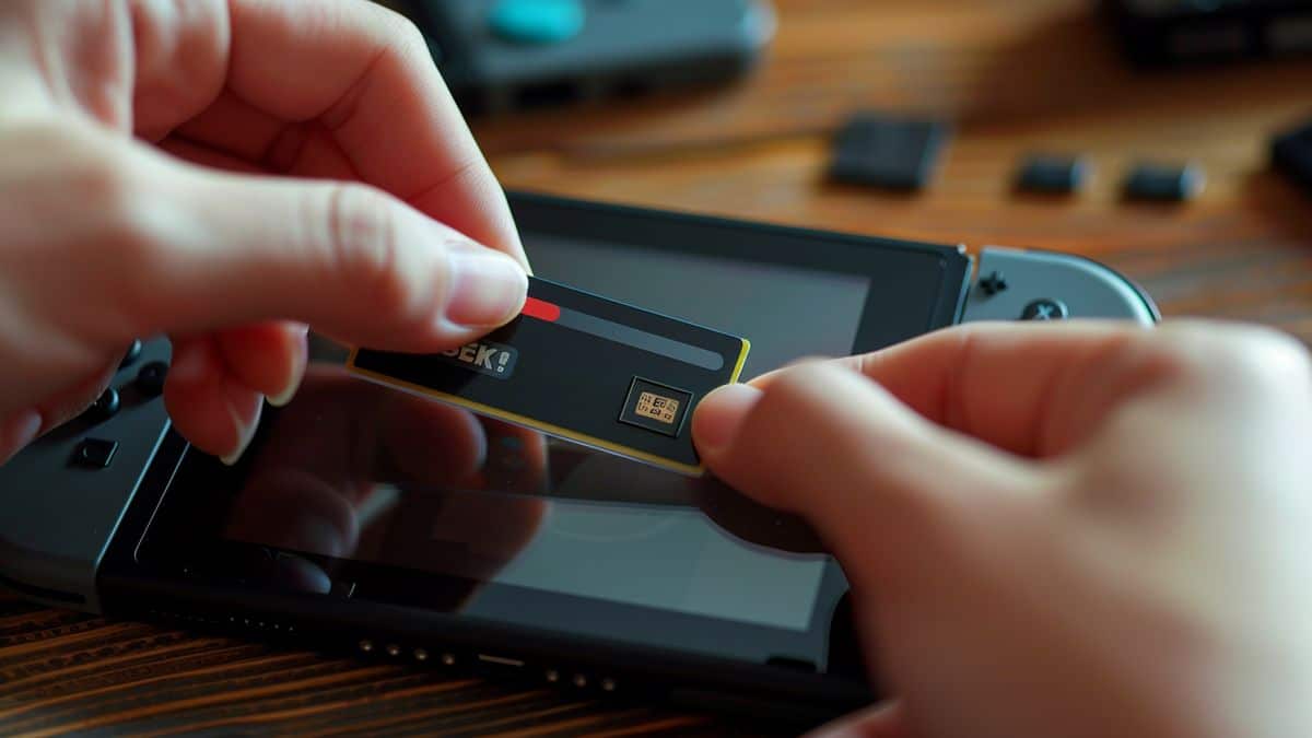 Hands inserting the memory card into a Nintendo Switch console.