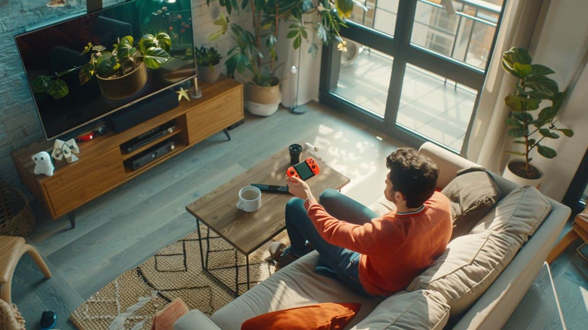 Top view of a living room with the Nintendo Switch docked