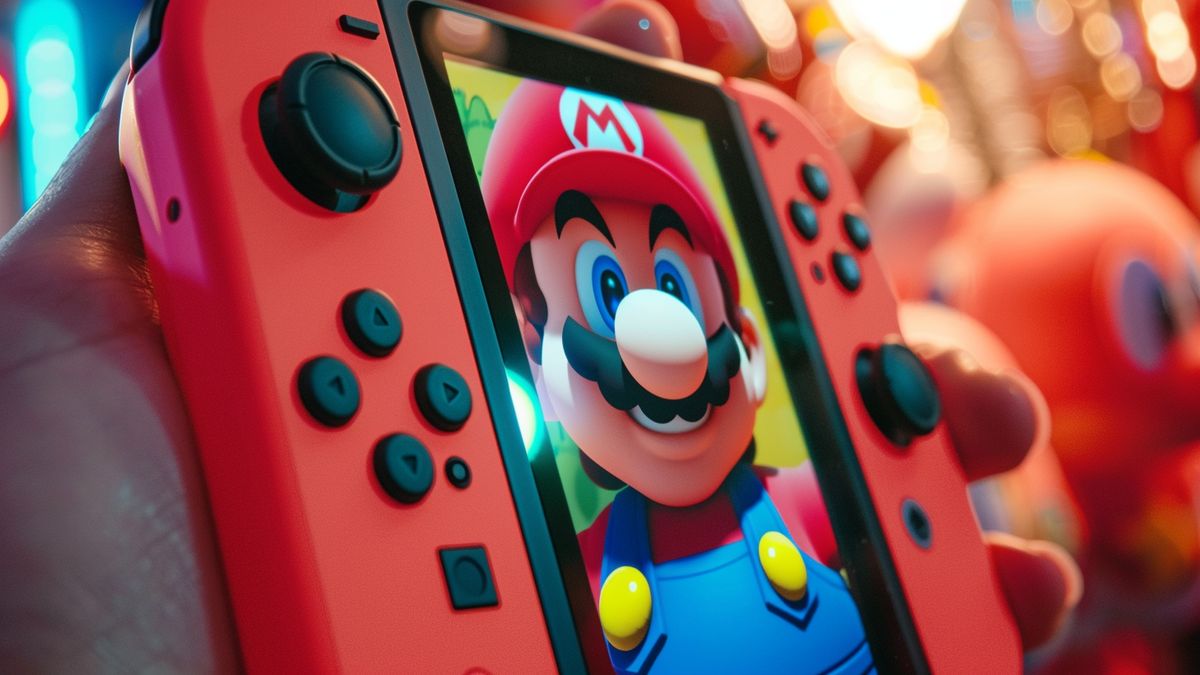 Closeup of the special edition Mario OLED Nintendo Switch console in action.