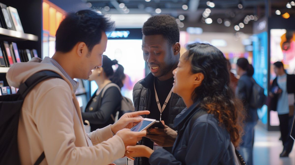 Sony representatives engaging with excited shoppers during a promotional event.