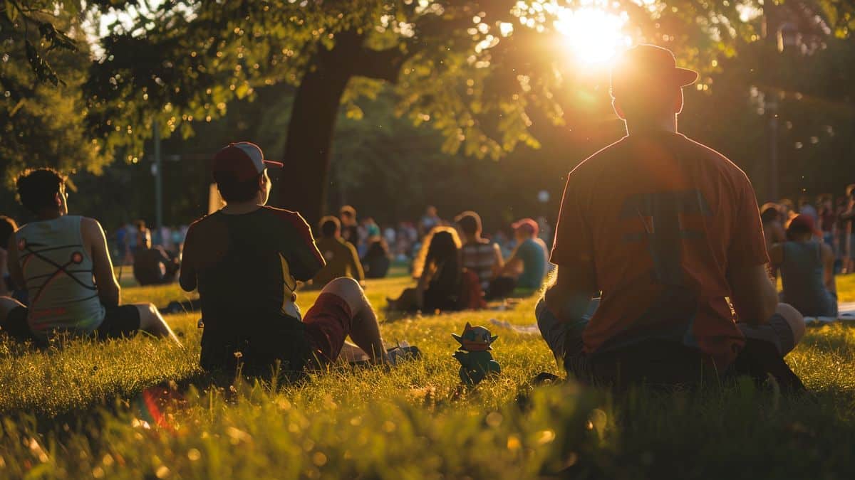 A group of Pokemon GO players gathered in a local park