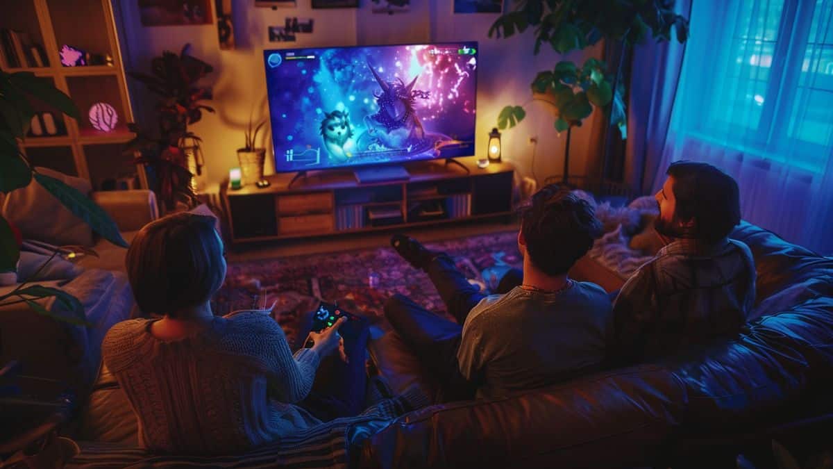 Group of friends playing Unicorn Overlord in a cozy living room