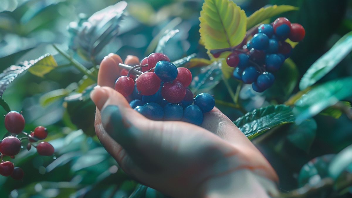 Closeup of a hand holding Framby and Nanana Berries for capturing Pokémon.