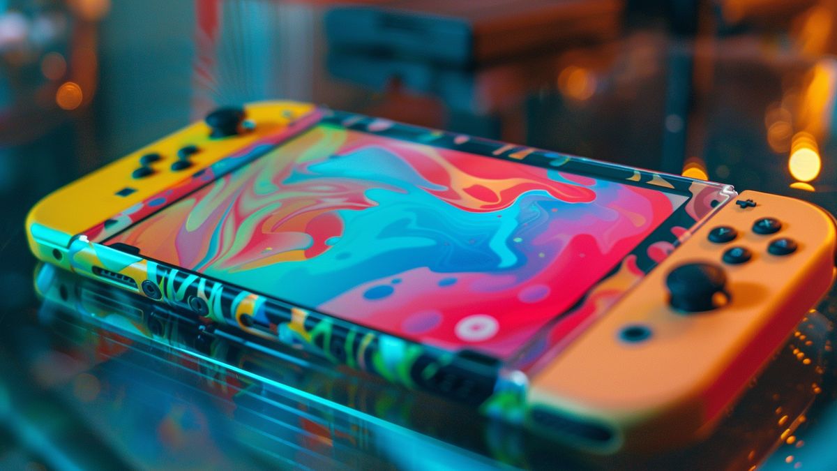 Primer plano de una consola Nintendo Switch con colores y gráficos vibrantes