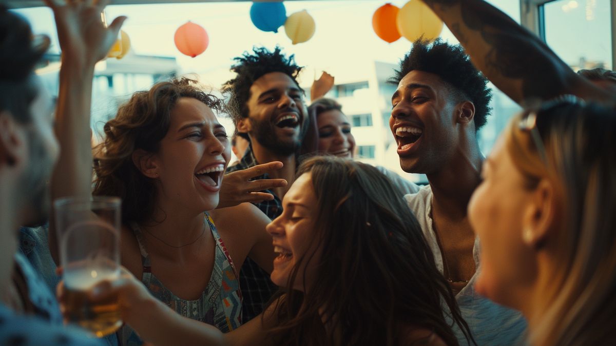 Group of friends laughing and highfiving during a Welcome Party challenge