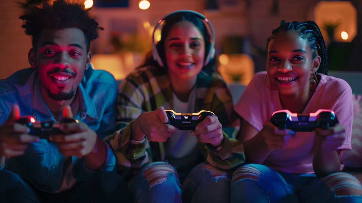 Grupo de amigos jugando juegos multijugador en Xbox Series X.