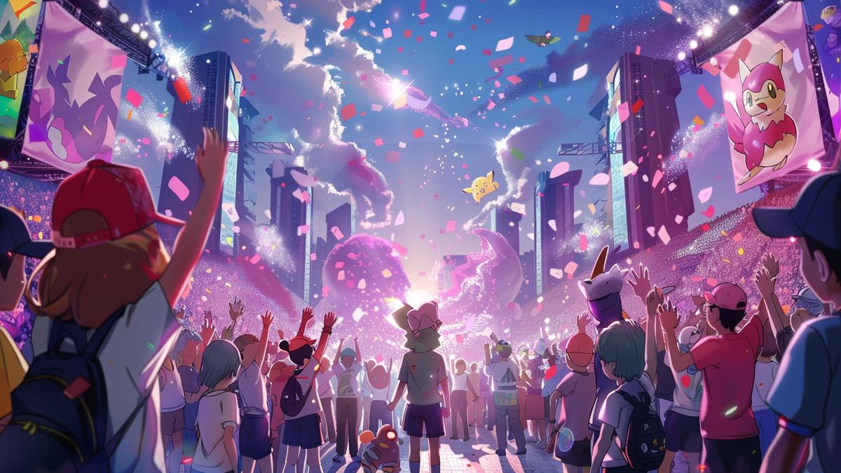 Crowds cheering and waving banners as the new Pokémon Champion is crowned.