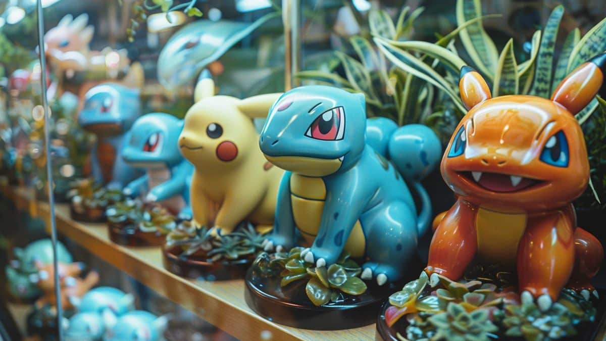 Closeup of exclusive Pokémon x Thieves merchandise on display in Chelsea.