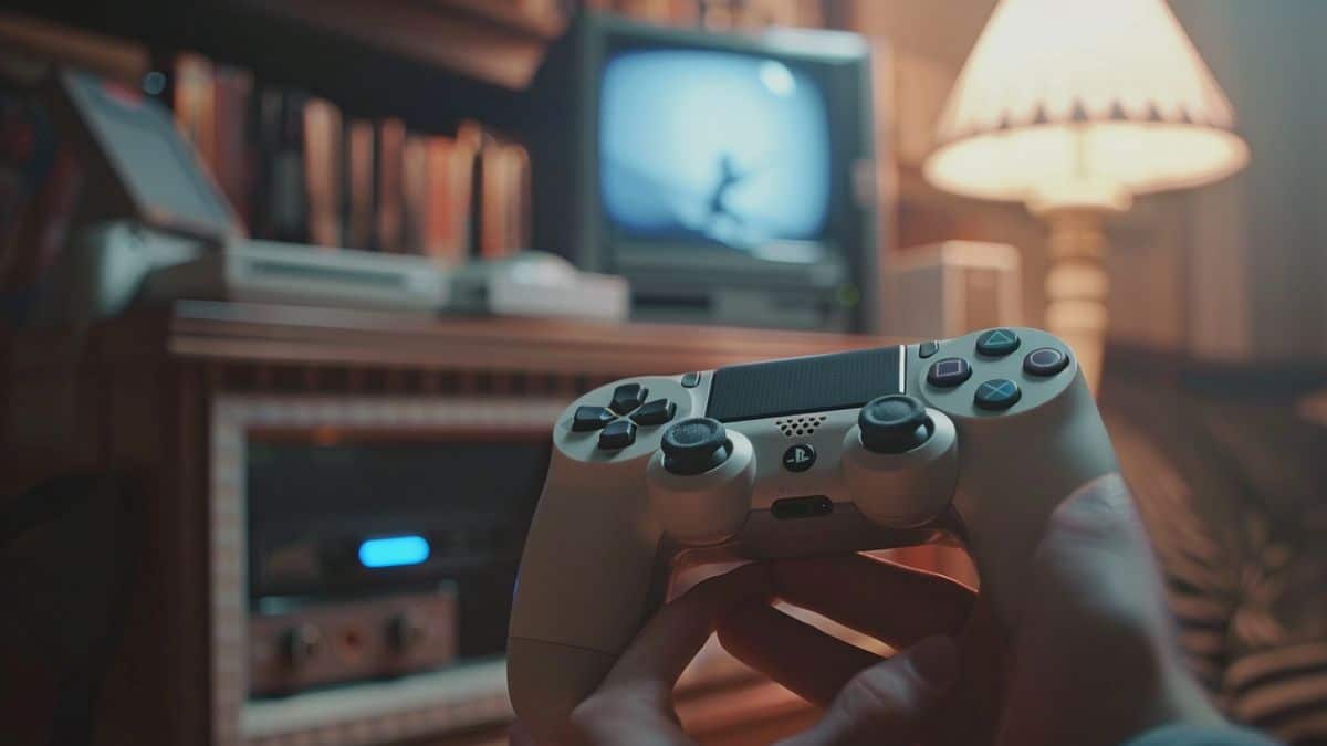 Hand holding a PScontroller near a vintage console.