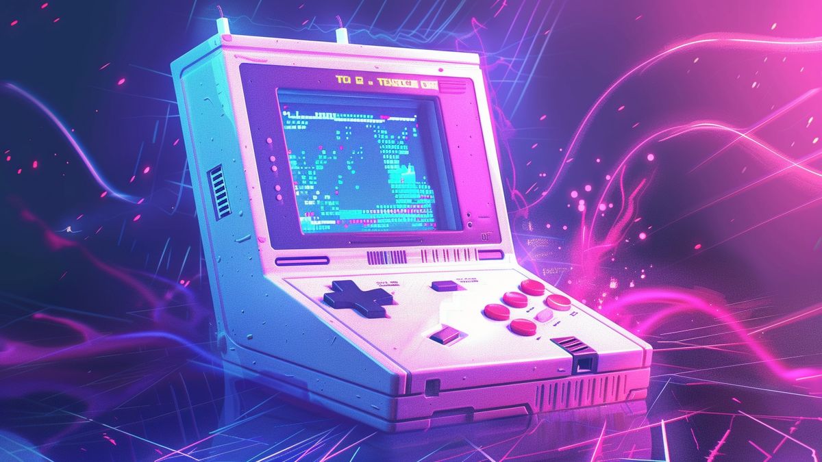 Retro game console with vivid pixel art on screen.